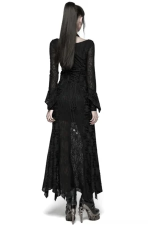 Black gothic fishtail dress with lace-up corset back and sheer mesh skirt, rear view on model with platform heels