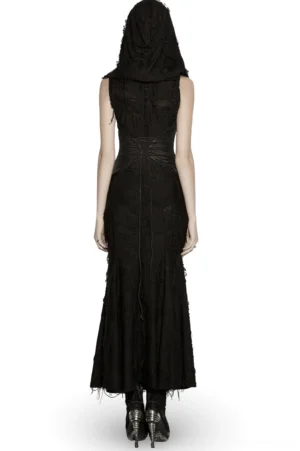 Black gothic sleeveless hooded dress back view, showcasing lace-up waist closure and dramatic floor-length fishtail hem