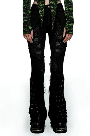 Black mesh insert eyelet gothic flare denim pants front view worn by model