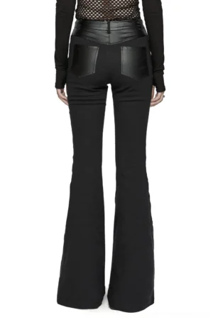 Black gothic punk flare trousers back view showing leather yoke and back pockets