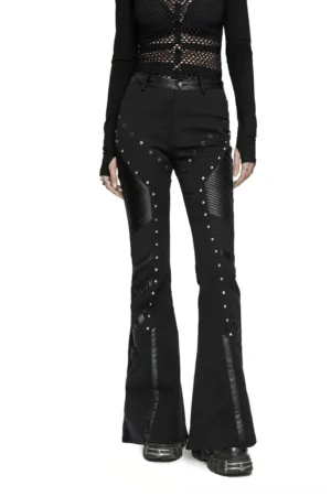 Black gothic flare trousers with rivet and leather panels front view on model