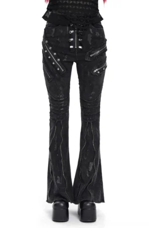 High-waist black gothic flared jeans with metal buckle closure and side zipper details, front view on model