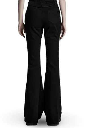 Black flared pants rear view showing back pockets and frayed hem