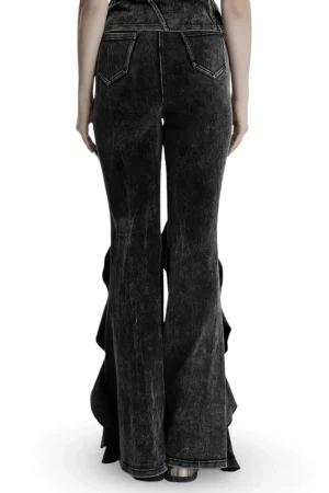 Black acid-washed gothic ruffled flared pants rear view showing back pockets and side ruffle details