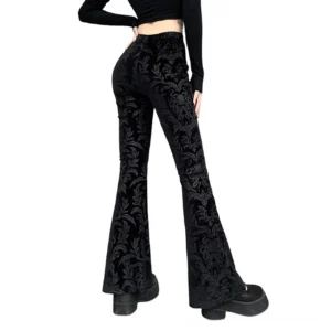Black velvet gothic flared pants back view showing high-waisted silhouette and flared leg design on female model
