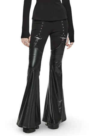 Detachable faux leather flared gothic pants front three-quarter view on model showcasing black knit base with removable leather leg warmers