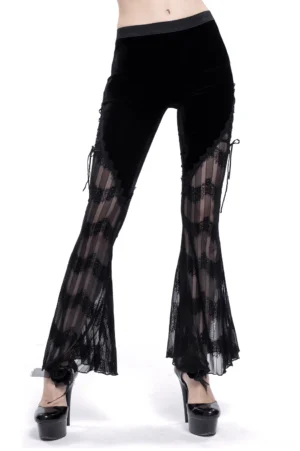 Black velvet mesh flared gothic pants with side lace-up front view on model