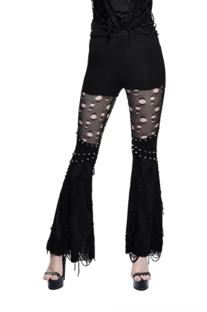 Black flared gothic pants with mesh cutouts and metal studs - front view on model