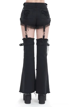 Distressed black gothic flared pants set - back view showing ripped pockets and detachable components