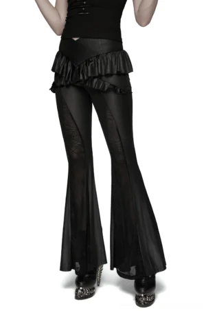 Gothic mesh flared pants worn by model, side front angle displaying cross ruffle waist and sheer spider web mesh inserts against striped knit base