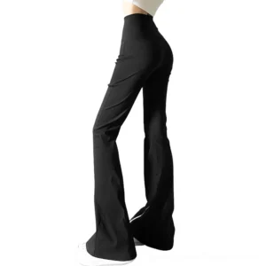 High-waisted black flared trousers side profile showing leg shape and fit, stretchy fabric detail