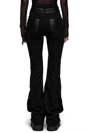 Black gothic trousers back view showing quilted pockets and flared silhouette