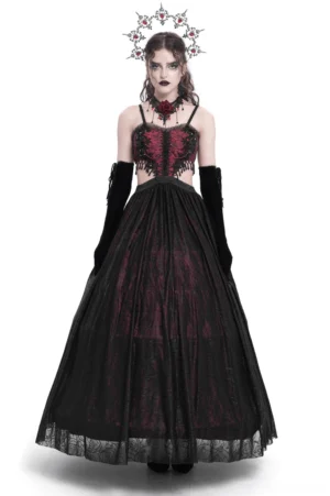 Gothic floral corset maxi dress front view with burgundy rose jacquard and lace detailing worn by model in full-body shot