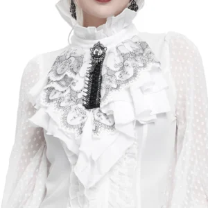 Close-up of gothic jabot neckwear featuring high ruffled collar and central gem decoration, Victorian embroidered detail