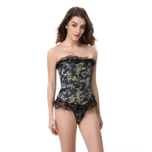 Black gold floral lace overbust corset front view worn by model, gothic lace trim details