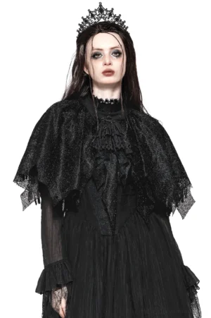 Black gothic fringed cape with lace collar worn by model with crown headdress, front full-body view showing ruffled bib detail and tassel hem