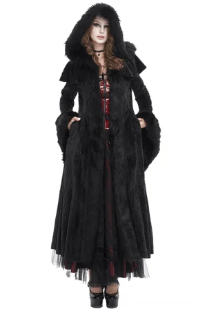 Black gothic hooded flared sleeve fuzzy cape coat front view on model, floor-length with fur-trimmed cuffs and dramatic sleeves