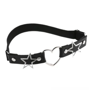Black PU leather thigh garter belt with heart and star zinc alloy hardware, flat lay top view display