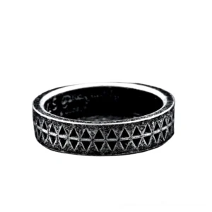 Overhead flat view of geometric engraved gothic stainless steel band ring with continuous triangular patterns and antique black finish