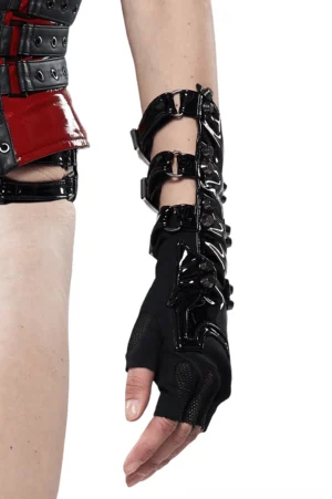 Close-up side view of single black gothic fingerless glove showing adjustable buckle straps and glossy patent leather construction