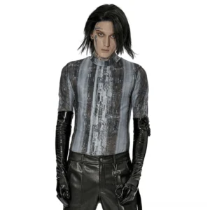 Tattooed male model wearing black gothic patent leather long gloves with metal chain accessory, front view paired with leather pants