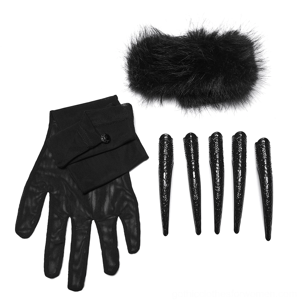 Flat lay gothic gloves accessory kit including black leather gloves, fluffy fur cuff, and five resin claw tips