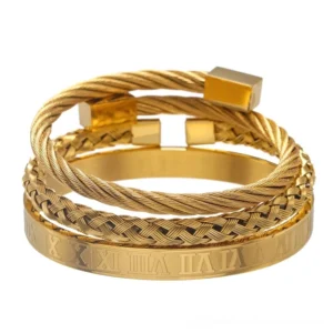 Gold finish 3-piece stainless steel gothic bangle set with mixed woven and polished textures, luxury dark aesthetic metal bracelet collection