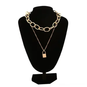 Gold lock pendant gothic chain necklace with dual-layer design shown on black mannequin, front perspective shot