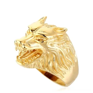 Gold wolf head stainless steel gothic ring side view with carved mane details and shiny finish