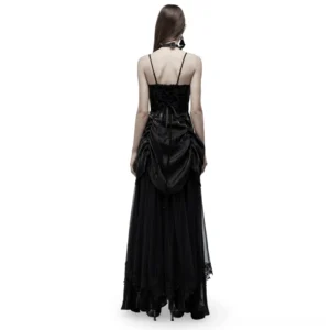 Gothic evening gown back view showing drawstring back detail and elegant silhouette