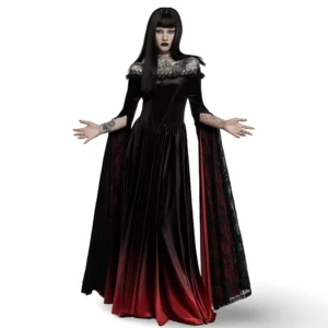 Black-red gradient velvet off-shoulder gothic dress front view with red glass diamond neckline accents and lace-trimmed sleeves