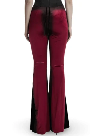 Gothic gradient velvet flared pants rear view showing back tie closure and wine red to black ombre fabric