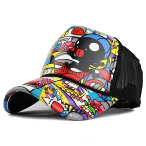Dark gothic graffiti baseball cap featuring mixed cute monster characters and colorful street art prints, front oblique angle