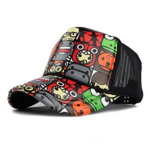 Black mesh gothic graffiti trucker cap with multicolor cartoon graffiti print, left front oblique view showing vibrant street art design