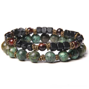 Gothic stone beaded bracelet with green aventurine and brass spacers - natural grounding jewelry for alternative style