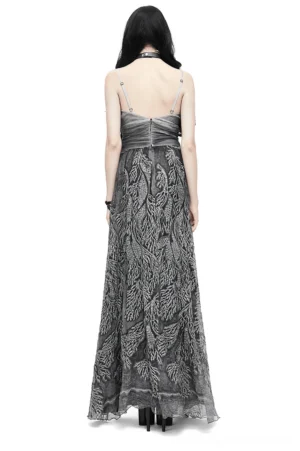 Pure silk grey gothic backless evening dress rear view showing low cut back and spaghetti straps
