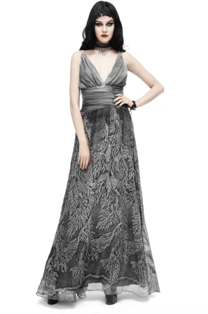 Gothic grey deep V backless maxi dress front view with leaf pattern print and ruched waist detail