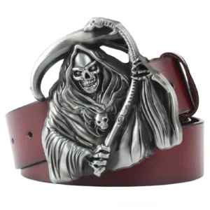 Grim reaper scythe leather belt buckle close-up, antiqued silver metal death figure with burgundy and black genuine cowskin leather straps