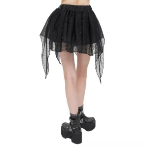 Sheer polka dot mesh gothic skirt with elastic waistband, front three-quarter angle showing layered asymmetrical design
