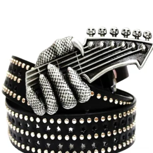 Gothic dragon claw skull guitar buckle belt with studded star-cut leather strap, vintage silver metal hardware, front oblique view