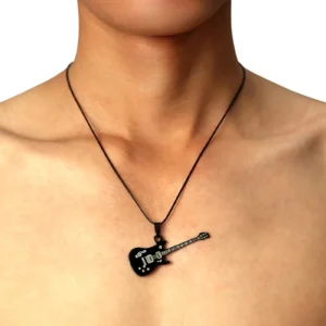 Black electric guitar necklace on male model wearing white background, close-up front view of gothic rock pendant