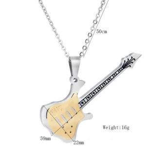 Stainless steel gothic guitar necklace with size dimensions and weight specifications - product measurement reference