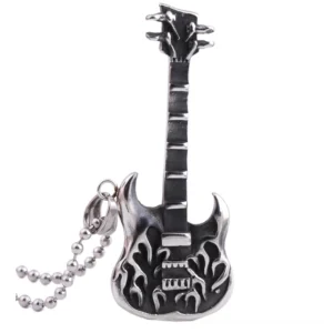 Detailed front view of guitar pendant necklace showcasing intricate flame engraving and vintage silver-tone finish with included ball chain