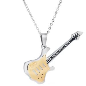 Dual-tone gothic guitar pendant necklace with silver and gold accents - front flat view on white background