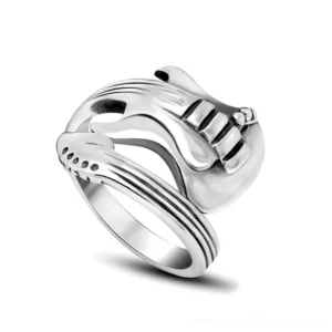 Polished stainless steel guitar ring front view, detailed guitar body with string design, three-quarter angle showing 16mm surface width, perfect for Gothic rock music lovers