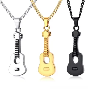 Gothic guitar urn pendant necklace in three stainless steel finishes - silver, gold, and black matte - front view with 60cm chain