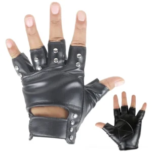 Black PU leather half-finger gothic gloves with silver metal rivets, shown on hand and flat lay, front view with wrist cutout panel