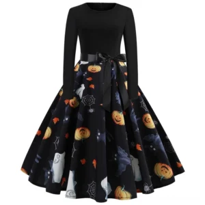 Three-piece gothic Halloween dress collection featuring pumpkin skull and ghost prints in black