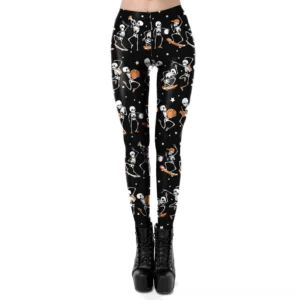High-waisted black gothic leggings with skeleton and pumpkin motifs front view showing stretch fabric and print detail