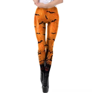 Black and orange Halloween gothic leggings rear view with bat and pumpkin prints